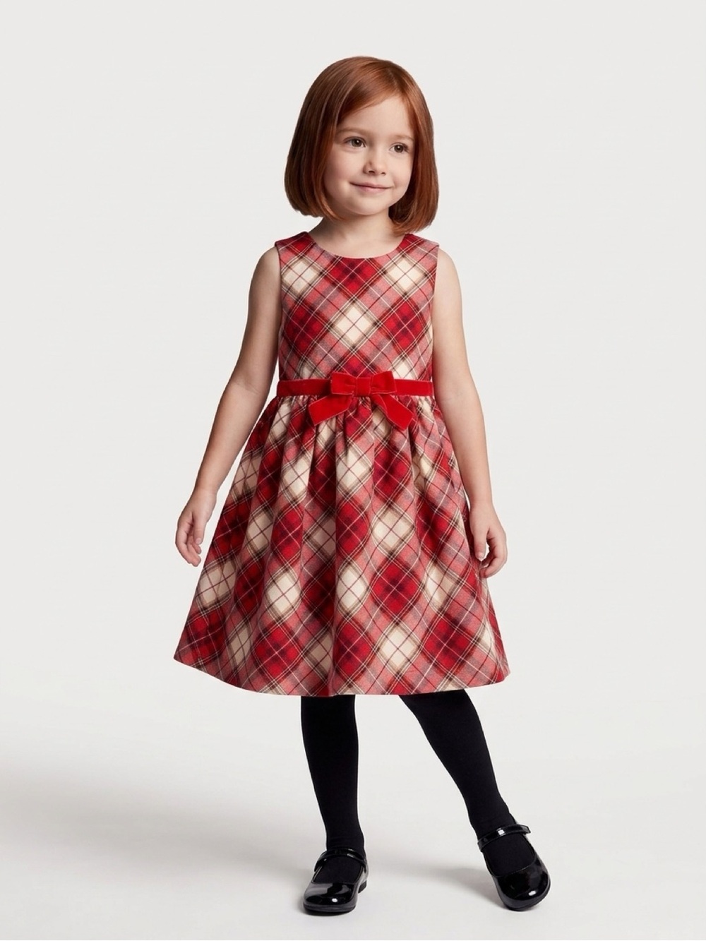 H&M Red Plaid Holiday Dress with Velvet Bow